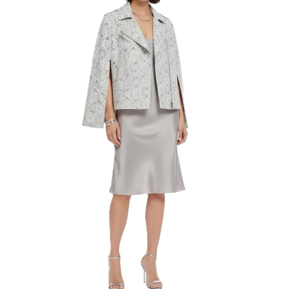 BCBGMaxAzria Jameson Lace Moto Jacket Cape White Grey Medium Statement Blazer